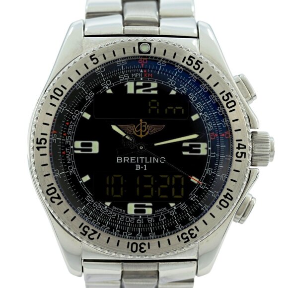 Breitling Men's 44mm B-1 Ani-Digi Stainless Steel Swiss Watch - Picture 1 of 9